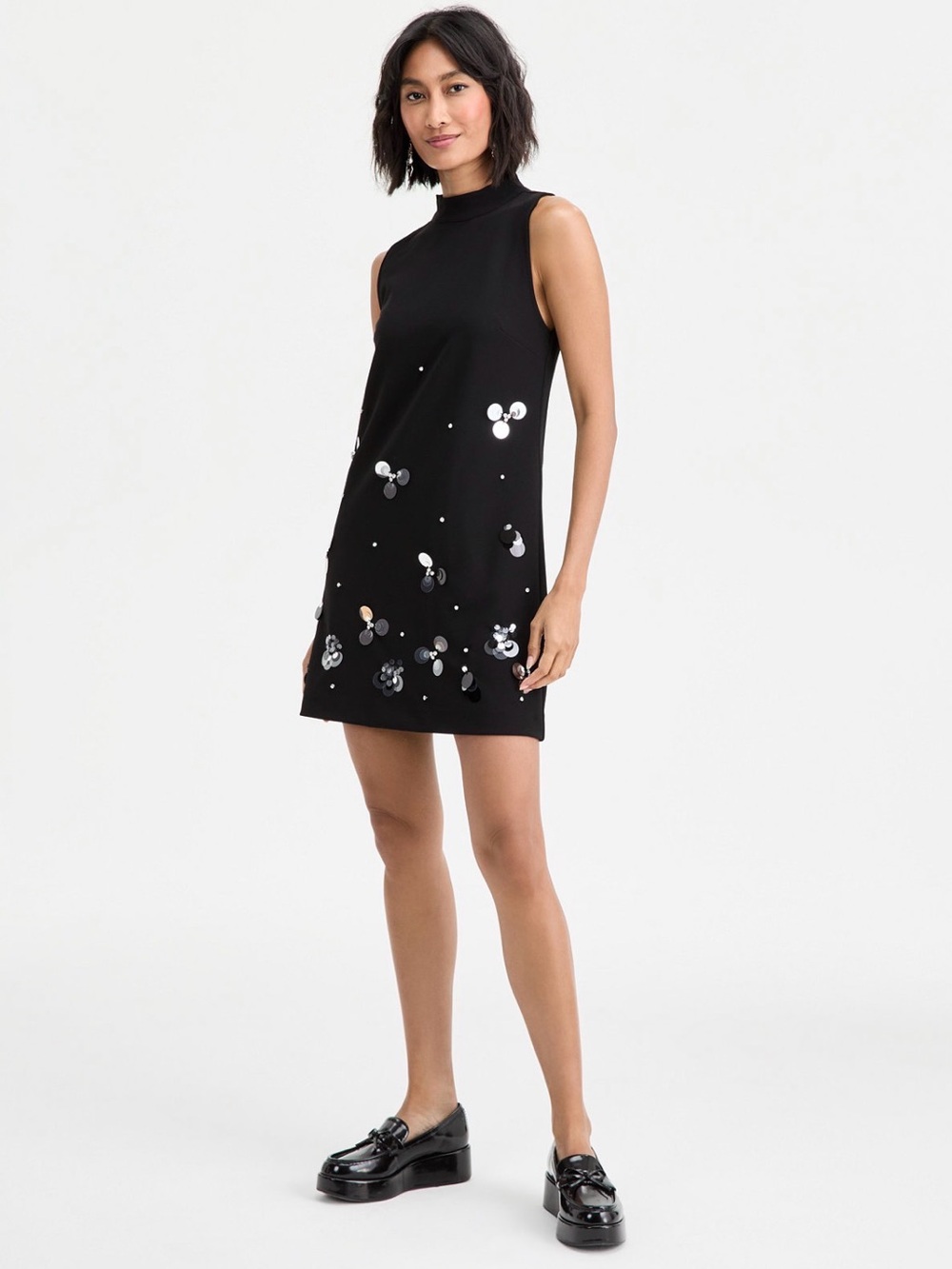 Mock-Neck Black Sequin Mini Dress